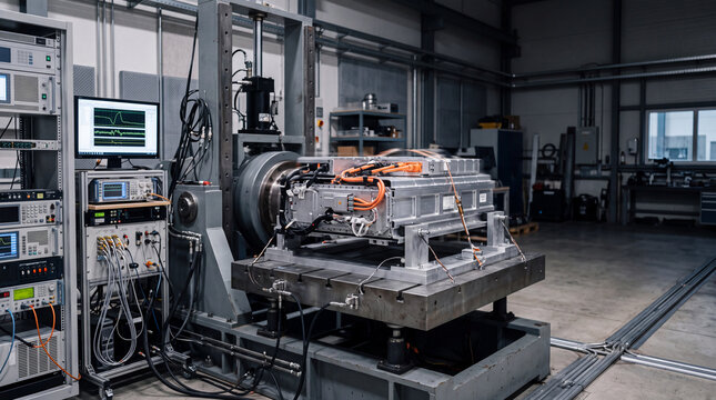 Battery module undergoing vibration and durability testing in industrial lab setting