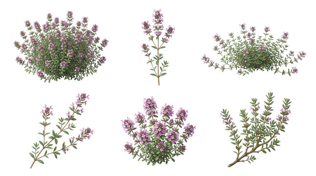 Collection of fresh thyme herb sprigs and small flowering bushes with green leaves and purple blossoms isolated on a transparent background