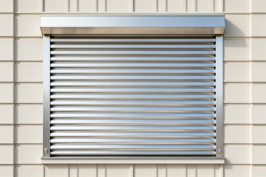 Closed silver metal roller shutter on a residential wall