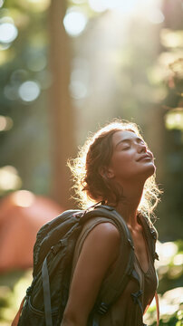 a woman in a forest, captured during the golden hour. She stands with her head tilted upwards, eyes closed, seemingly lost in thought or enjoying the moment. Her wavy hair flows freely.