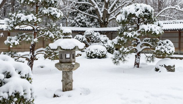 Japanese garden covered with fresh snow with a stone lantern and pine trees