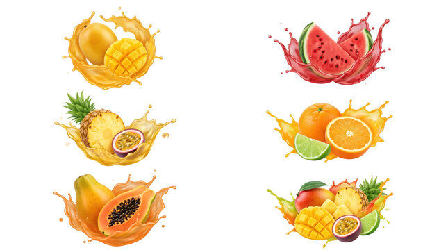 Collection of fresh tropical fruits with dynamic liquid splashes and juice droplets for refreshing beverage... isolated on a transparent background