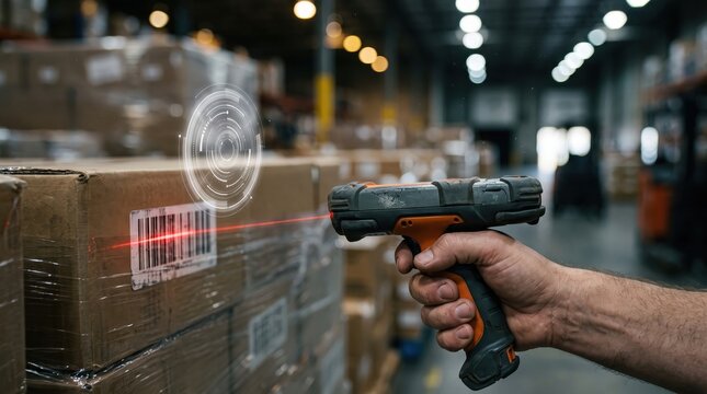 Warehouse worker scans a cardboard box with a digital laser device to track inventory levels and logistics data in a large distribution center with ample copy space for corporate branding.