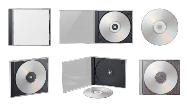 Collection of blank cd and dvd jewel cases with discs in various open and closed configurations for media storage isolated on a transparent background