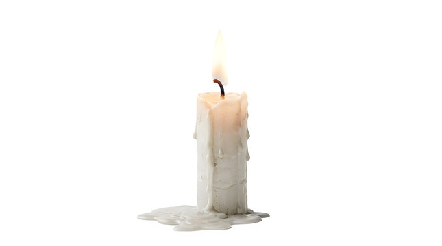 Single burning white wax candle with melted puddle of paraffin lit home decor item living room romantic peaceful spiritual meditation celebration illumination