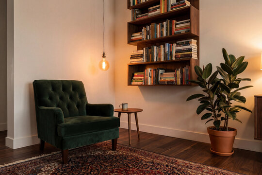 Cozy reading nook with velvet armchair floating bookshelves and edison bulb for home library corner and relaxing interior decor