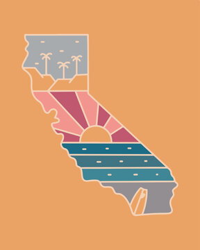California state map vintage retro vector illustration with palm trees, sunset sunburst, ocean waves and surfboard design