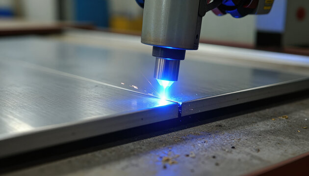 Laser cutting metal sheet blue light industrial machine precision metal close up detail manufacturing process welding spark metal plate steel sheet workshop scene