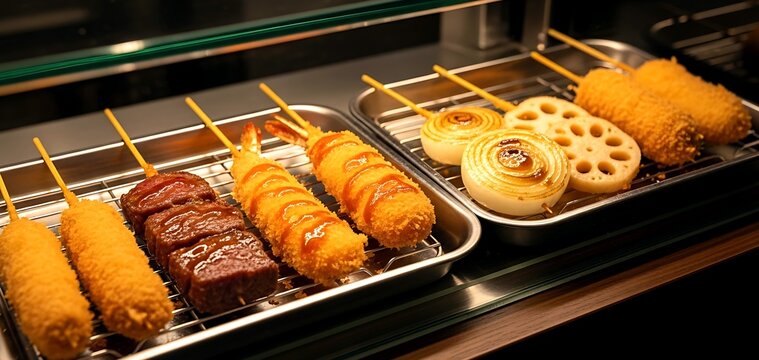 a glass display counter at kushikatsu restaurant, an array of kushikatsu skewers. beef, shrimp, onion, lotus root, each with a golden brown, crispy panko coating 