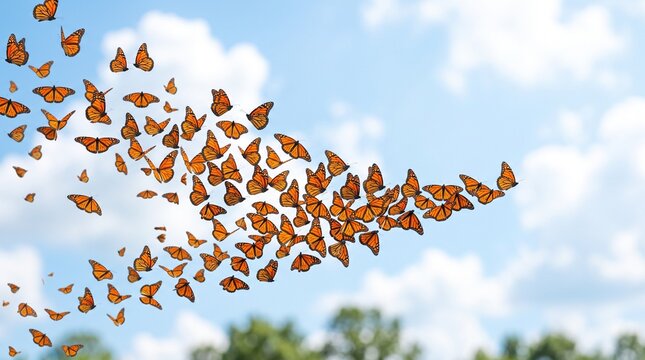Monarch butterflies migrating in a clear sky over green landscape  