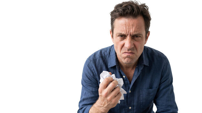 Angry Man Squeezing a Crumple Paper Anger Management White Background