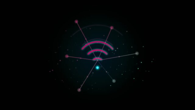 Neon glowing wireless fidelity symbol surrounded by digital data particles against black background