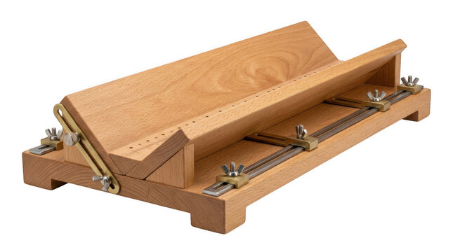 Wooden miter box with adjustable guides for precise cutting during woodworking projects isolated on transparent background