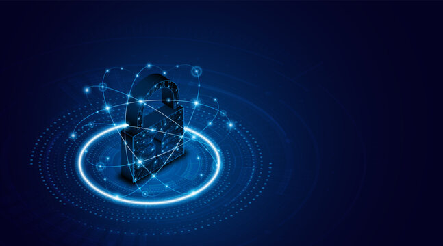 Digital cyber security concept with glowing blue padlock on circuit board background. Global network data protection and privacy technology