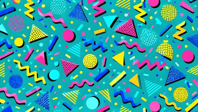 Colorful Memphis seamless pattern with triangles, zigzags, squiggles and dots on teal background, retro 80s 90s geometric design for fabric, wrapping paper and print