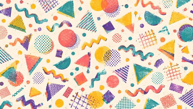 Hand drawn textured Memphis seamless pattern with colorful squiggles, triangles, circles and grids on cream background, retro geometric design for fabric, packaging and print