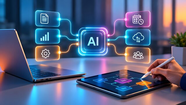 Hand managing AI workflow on tablet, integrating data, analytics, and business processes with glowing icons and a laptop.