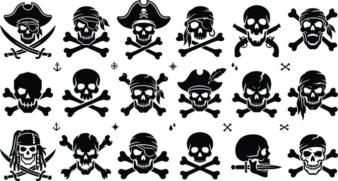Pirate skull silhouette vector icon set featuring crossbones captain hat eye patch cutlass swords and jolly roger elements for halloween party tattoos clothing print graphic layout