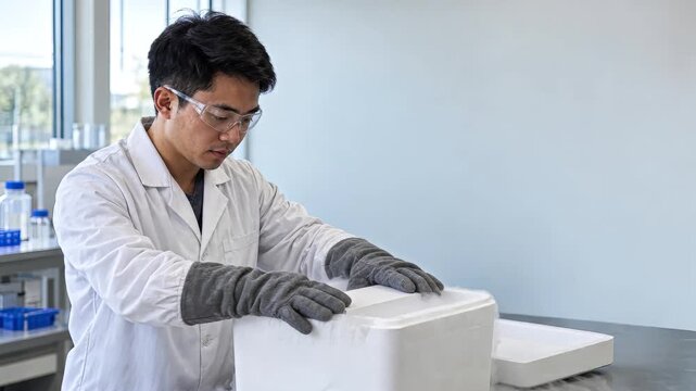 Lab technician lowering a sample box into a foam shipping container with steaming dry ice, frozen biomarker samples sent to a central laboratory