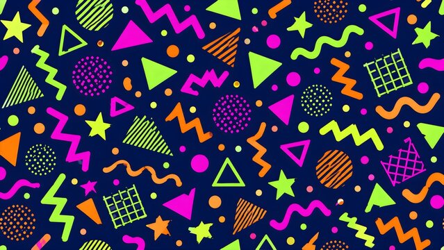 Neon Memphis seamless pattern with triangles, zigzags, stars, squiggles and dots on dark navy background, retro 80s 90s geometric design for fabric, packaging and print