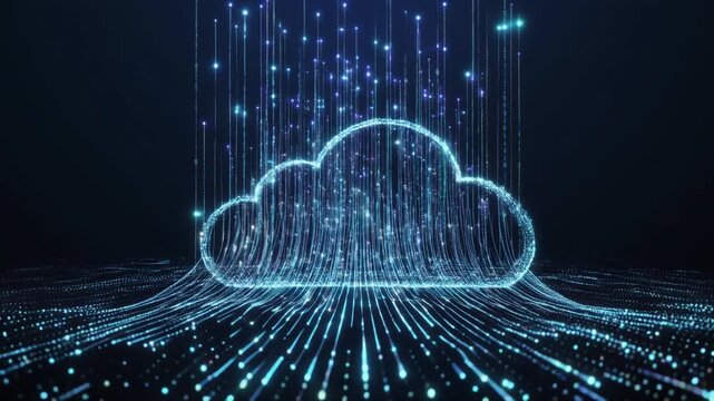 Glowing digital cloud with flowing data streams representing cloud computing, online storage and modern network technology