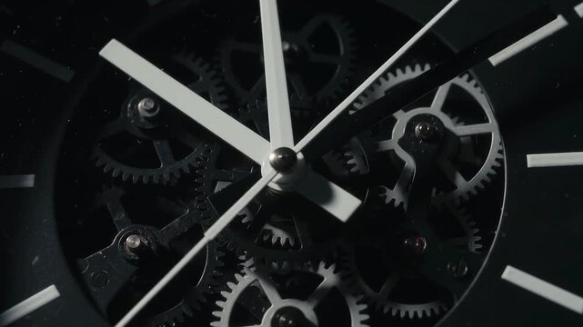 Close-up of a modern black skeleton watch with visible gears and white hands.