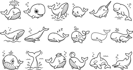 Adorable whale vector line art icon bundle containing cute cartoon marine creatures orca narwhal and dolphin outlines for creative kids coloring book design preschool education projects © Lipy