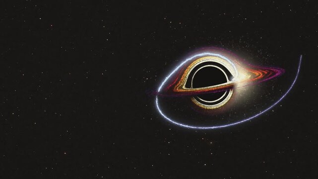 Hand-drawn pastel black hole with glowing accretion disk and gravitational lensing, a star torn apart in a bright flash, seamless loop on black paper