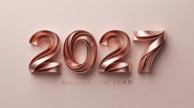 Rose gold metallic numerals spelling two thousand twenty seven with a new year greeting 2027 digits rose gold shiny glossy number calendar date celebration festive newyear