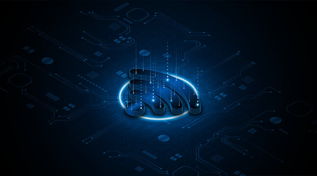 Futuristic 3D Wi-Fi icon on dark blue circuit background. High-speed internet connection and digital networking technology concept.