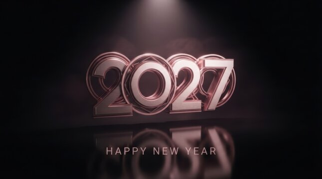 Metallic numerals spelling two thousand twenty seven are displayed with a reflective surface and dark background 2027 year digits numbers calendar date timeline future newyear