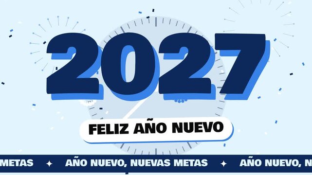 Fondo animado en bucle de feliz A&ntilde;o Nuevo 2027 con cuenta regresiva, fuegos artificiales y confeti