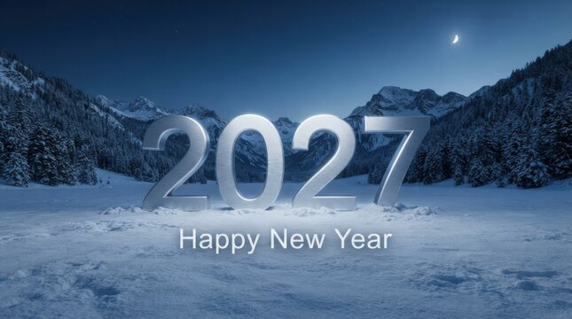 Silver numerals representing two thousand twenty seven are displayed against a snowy mountain landscape 2027 year newyear future decade millennium numbers digits metallic snowscape winter