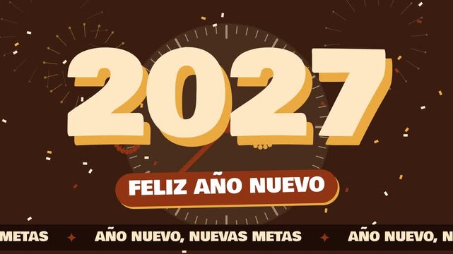 Fondo animado en bucle de feliz A&ntilde;o Nuevo 2027 con cuenta regresiva, fuegos artificiales y confeti
