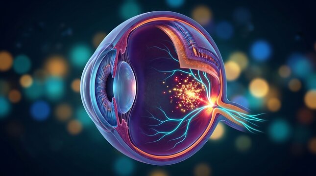Abstract visualization of human eye anatomy showing optic nerve connection to brain with detailed cross-section and bokeh lights