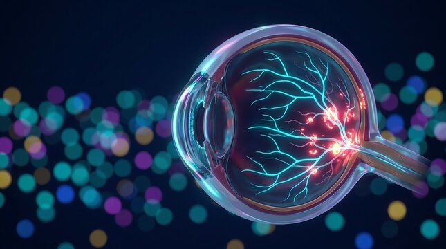 Close-up view of human eye anatomy with illuminated blood vessels and optic nerve, representing vision and health