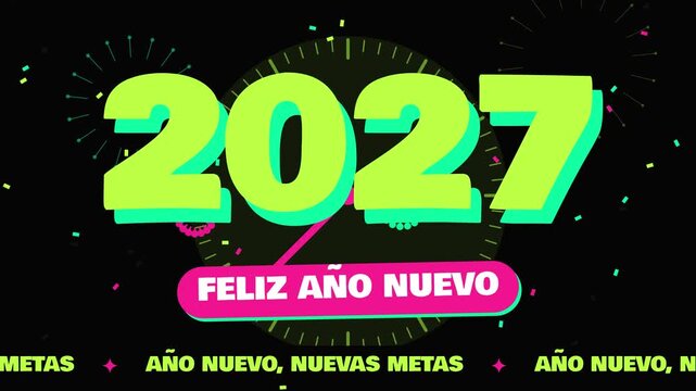 Fondo animado en bucle de feliz A&ntilde;o Nuevo 2027 con cuenta regresiva, fuegos artificiales y confeti