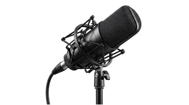 Black condenser microphone on studio isolated on transparent png