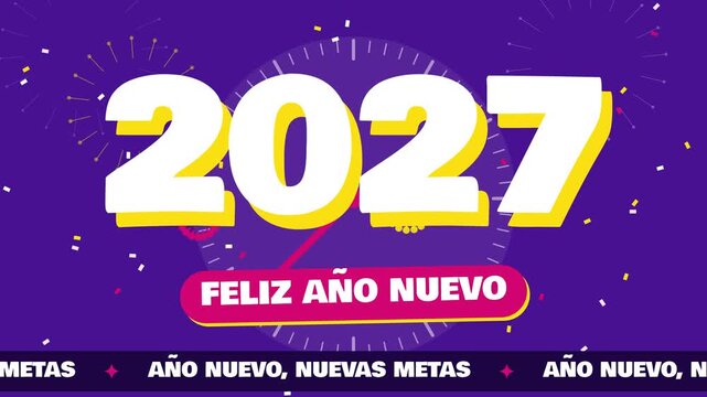 Fondo animado en bucle de feliz A&ntilde;o Nuevo 2027 con cuenta regresiva, fuegos artificiales y confeti