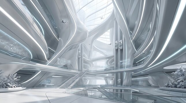 Futuristic architectural interior with flowing curved design and modern elevator shafts