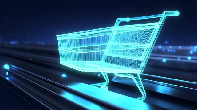 Neon hologram shopping cart gliding on digital data tracks futuristic ecommerce animation 60 FPS