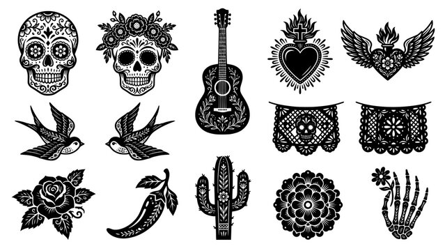 Collection of mexican holiday icons featuring skulls guitars and floral elements