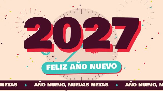 Fondo animado en bucle de feliz A&ntilde;o Nuevo 2027 con cuenta regresiva, fuegos artificiales y confeti