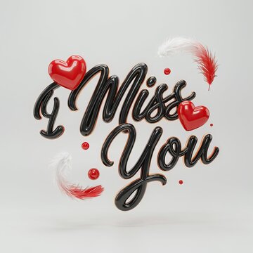 Glossy black script text miss you with floating hearts and feather
