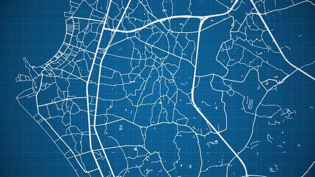 Ink reveal animation of Pattaya city, Chon Buri, Thailand, grid map. Aerial top view. Blueprint style. White lines with blue background. 4K Seamless loop.