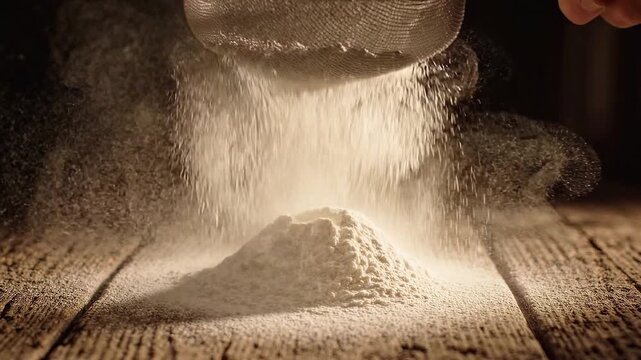 Flour sifting through sieve onto wooden table. Baking preparation. Homemade cooking and pastry making. Ingredient texture, culinary process.