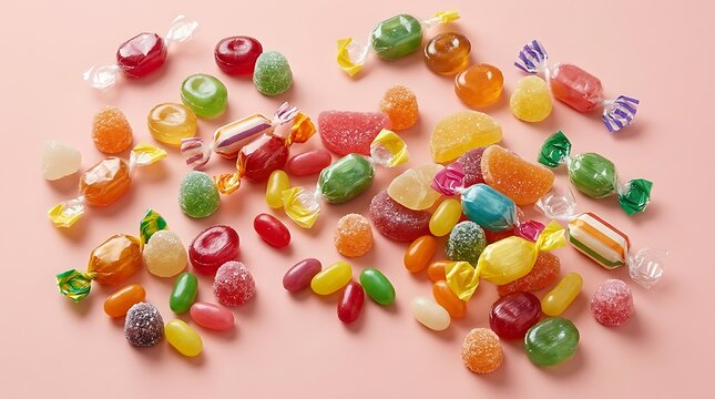 Assorted colorful candies gummies and fruit sweets scattered on pastel pink background for sweet confectionery treat celebration concept