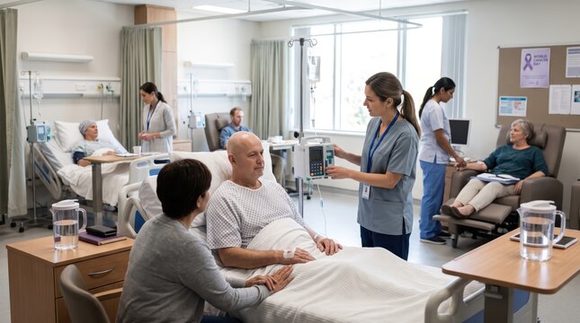 Bald Male Patient Receiving Chemotherapy in a Hospital Bed During Cancer Treatment and Recovery