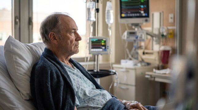 Old Male Patient Receiving Chemotherapy in a Hospital Bed During Cancer Treatment and Recovery