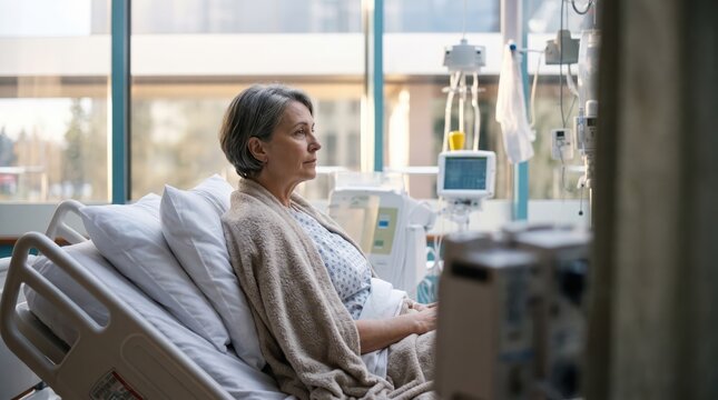 Female  Patient Receiving Chemotherapy in a Hospital Bed During Cancer Treatment and Recovery